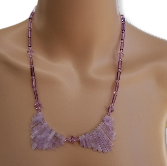 VINTAGE AMETHYST GEMSTONE & PURPLE GLASS BEAD STATEMENT NECKLACE - Picture 1 of 7